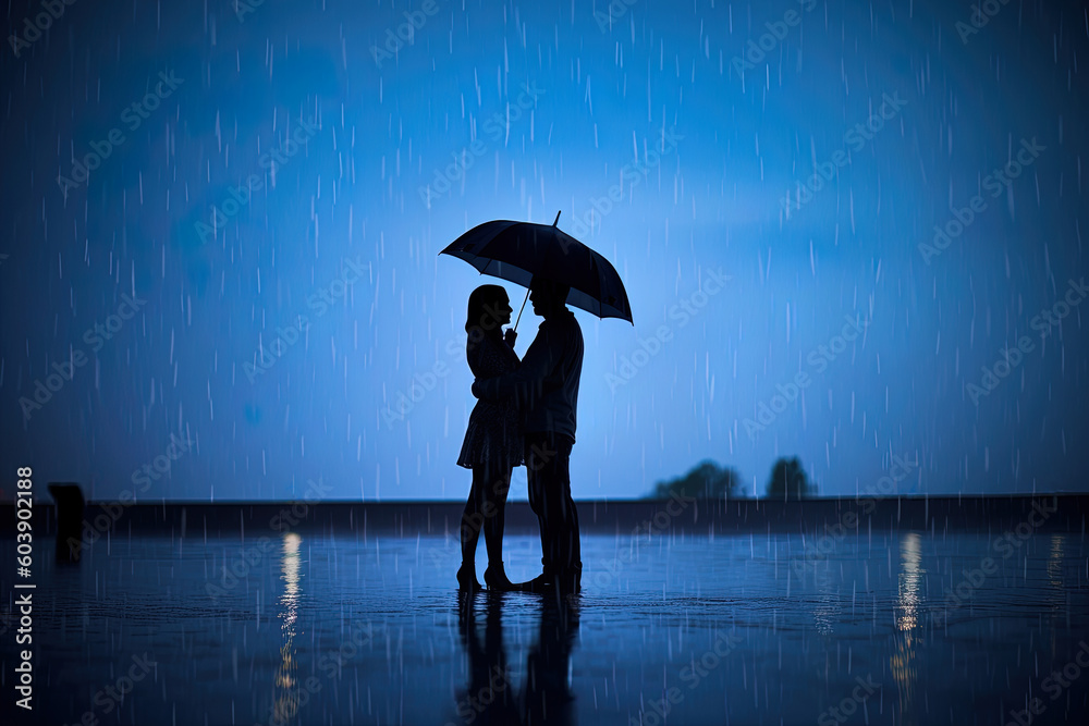 Silhouette a couple standing under an umbrella in the rain