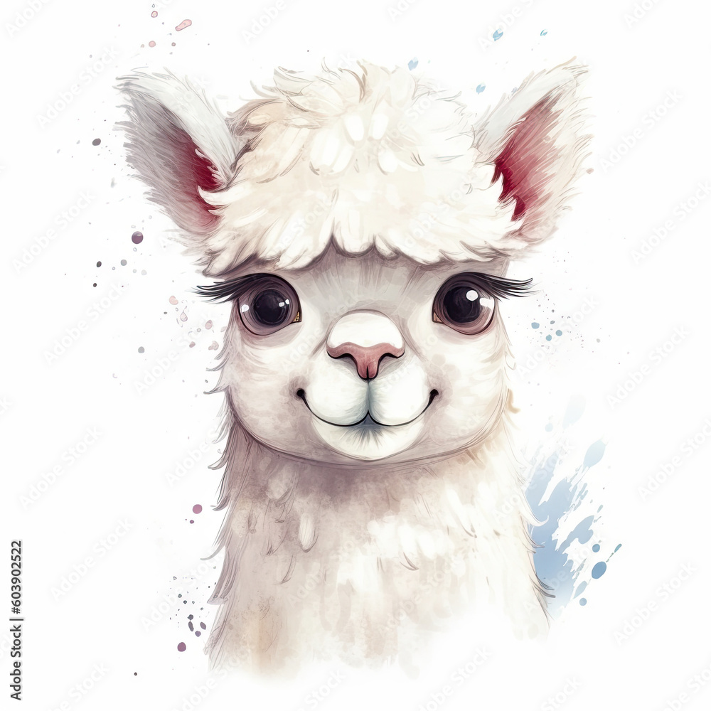 Alpaca (Peru animal) illustration, watercolor style drawing, fun cartoon (generative ai)