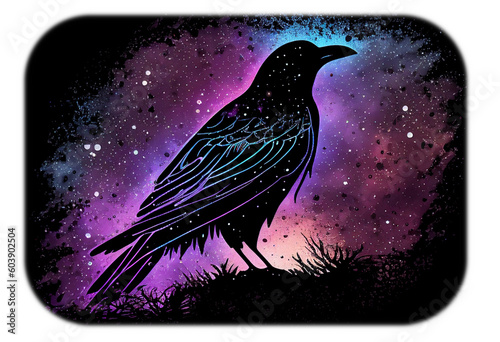 Raven made of the night sky; galaxy night sky raven silhouette design, cosmic jeweltone colors literary mystical, witchy vibe nods to Odin and Edgar Allan Poe; transparent layer (generative AI, AI) photo