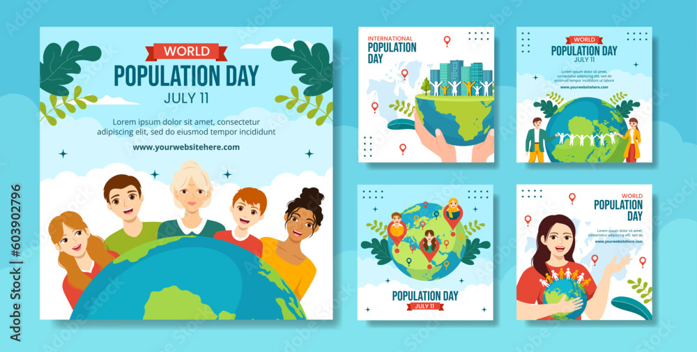 Naklejka premium World Population Day Social Media Post Flat Cartoon Hand Drawn Templates Background Illustration