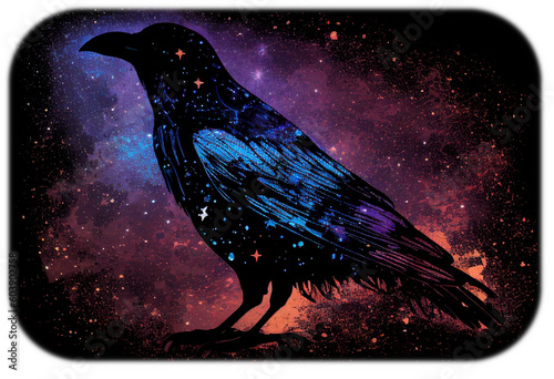 Raven made of the night sky; galaxy night sky raven silhouette design, cosmic jeweltone colors literary mystical, witchy vibe nods to Odin and Edgar Allan Poe; transparent layer (generative AI, AI) photo