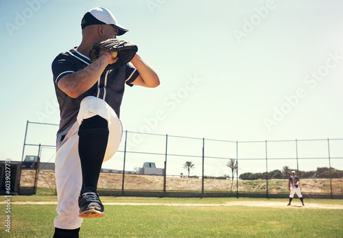 Photography Throw, sports and baseball with man on field for competition, training and games