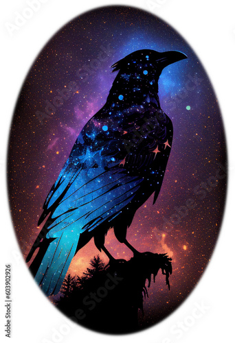 Raven made of the night sky; galaxy night sky raven silhouette design, cosmic jeweltone colors literary mystical, witchy vibe nods to Odin and Edgar Allan Poe; transparent layer (generative AI, AI) photo