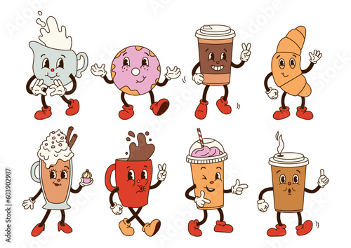 Set groovy retro cartoon coffee characters. Red mug, coffee to go, cappuccino, latte, donut, croissant, milk with eyes and gloved hands. Isolated flat illustration in style 60s 70s