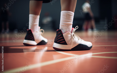 Players' sport shoes on the court, indicating the intensity of the game. Generative AI
