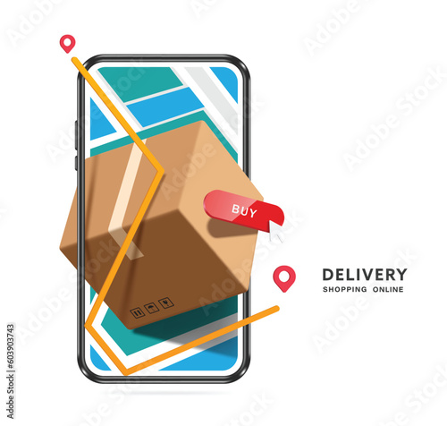 Parcel box or cardboard box, yellow GPS route, red buy order button display on the map on the smartphone screen