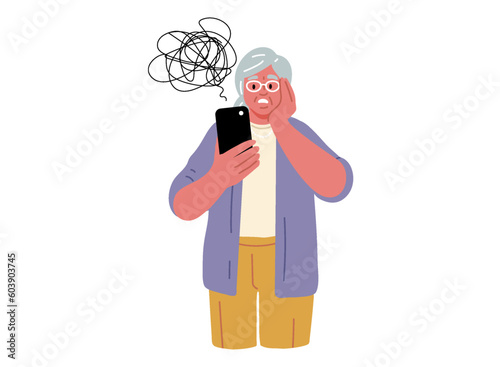 Senior woman is holding a mobile phone and having troubles.Vector Illustration