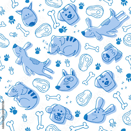 Funny blue seamless pattern with hand drawn doodle dogs, paw prints and bones