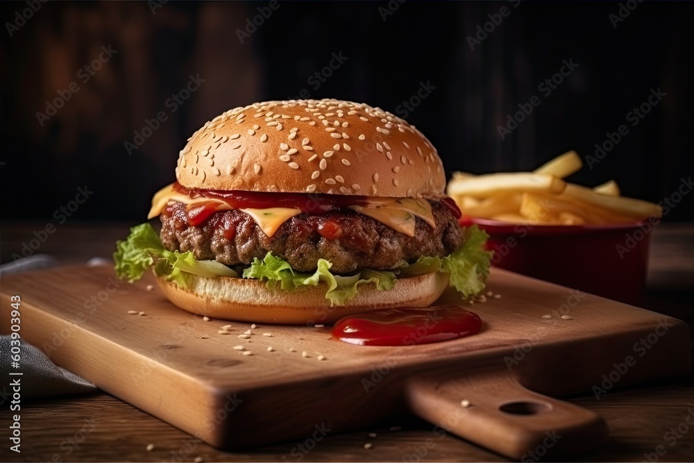 Cheese burger - American cheese burger with Golden French fries on wooden background Cheese burger - American cheese burger with Golden French fries on wooden background