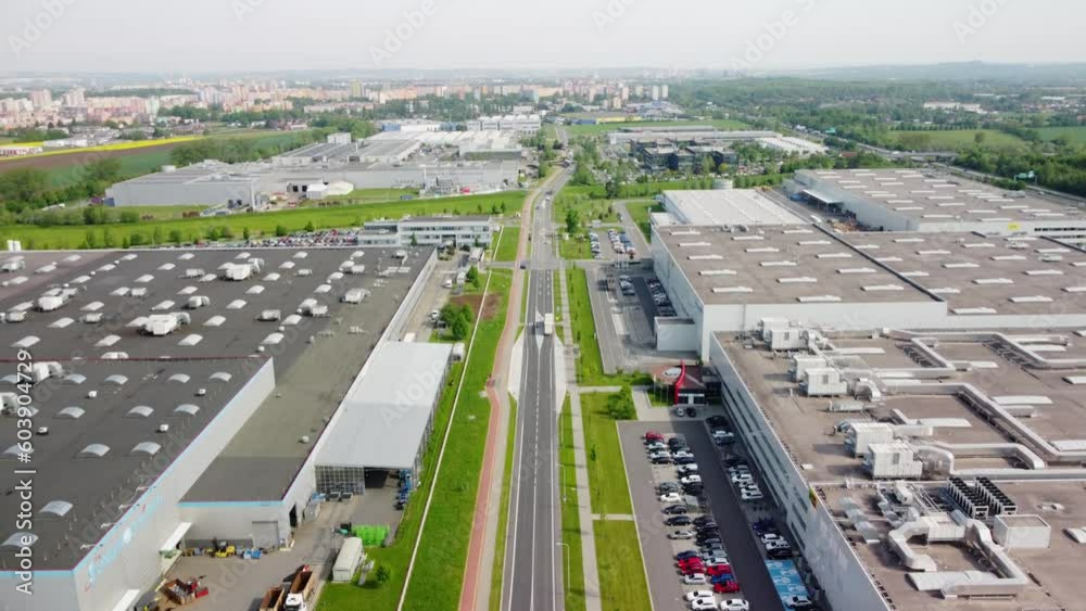 Air tour over a huge industrial park full of warehouses of international companies on the outskirts of Ostrava, Czech Republic, drone Air tour over a huge industrial park full of warehouses of international companies on the outskirts of Ostrava, Czech Republic, drone