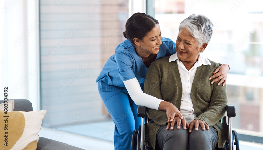 Hug, nurse with senior woman in wheelchair and talking for support. Happy, smile and communication with female nurse holding disabled senior patients hand for caregiver in nursing home consulting Hug, nurse with senior woman in wheelchair and talking for support. Happy, smile and communication with female nurse holding disabled senior patients hand for caregiver in nursing home consulting