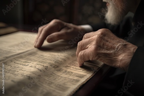 Old jew man reading a religious book. AI generative photo