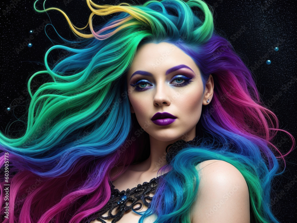 Vibrant Rainbow-haired Girl - Colorful Expression of Individuality - Generative AI
