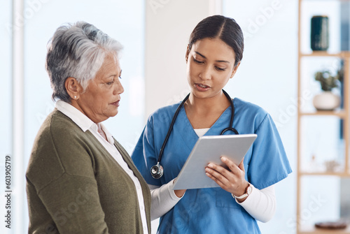 Healthcare, senior woman or doctor with tablet, patient or conversation with connection. Female person, employee or medical professional with mature lady, telehealth or support with diagnosis photo