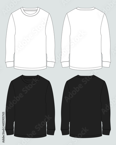 Long sleeve Black and white color t shirt technical drawing vector illustration template front and back views