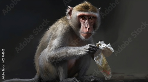 Long tailed macaque monkey is eating plastic bag. Generative AI photo