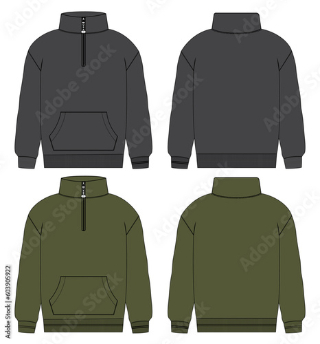 Grey and green color Sweatshirt jacket vector illustration template front and back views isolated on white background