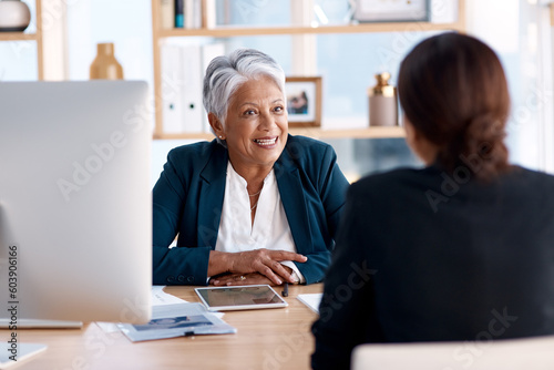 Meeting, talking or senior manager in job interview with business women in b2b negotiation discussion. Partnership collaboration, recruitment or lady speaking to hr management for hiring opportunity photo