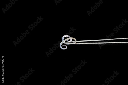 Metal tweezers catching a parasitic worm Anisakis on black background photo