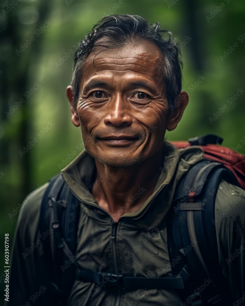 Middle Aged Man Hiker with Backpack, Hiking Photorealistic Portrait Illustration [Generative AI]
