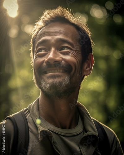 Smiling Middle Aged Hiker, Man Looking Over Shoulder with Smile, Photorealistic Portrait Illustration [Generative AI] photo