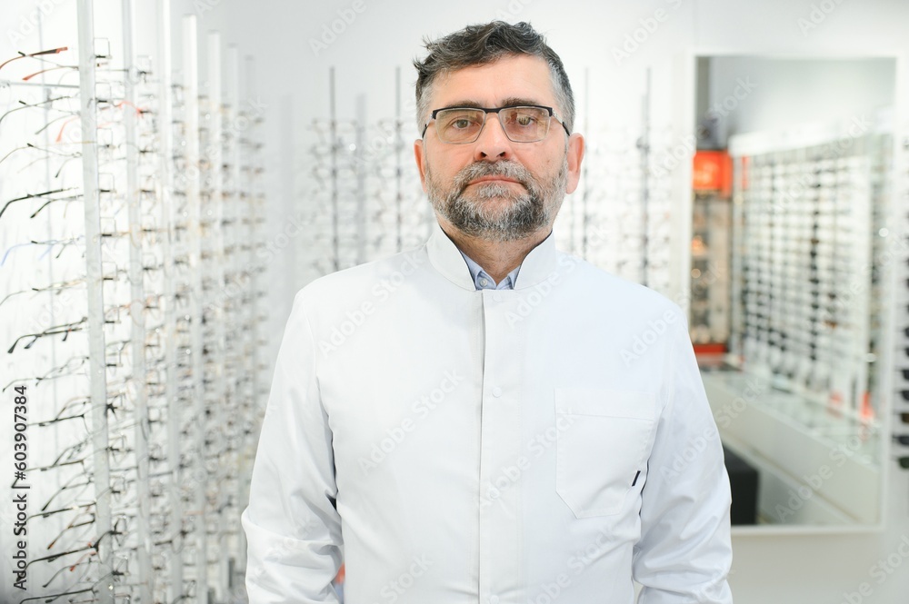 Portrait of a handsome ophthalmologist in front of the showcase with eyeglasses in the hospital. Portrait of a handsome ophthalmologist in front of the showcase with eyeglasses in the hospital.
