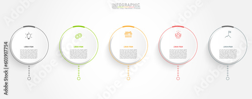 5 Business option infographic template. Minimal circle step workflow number icon presentations. Timeline diagram object vector.