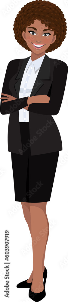 Black businesswoman or American African female character crossed arms pose in black suit cartoon character