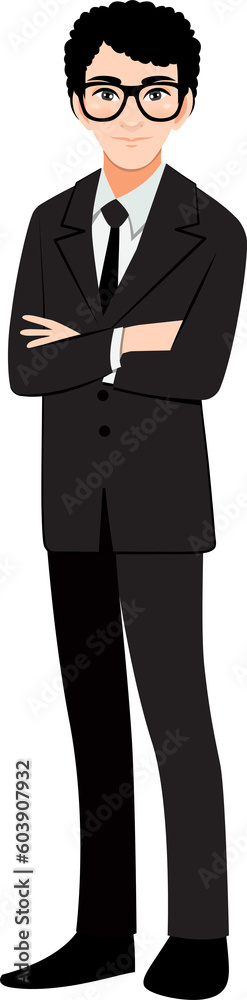 Businessman or male character crossed arms pose in black suit cartoon character Businessman or male character crossed arms pose in black suit cartoon character