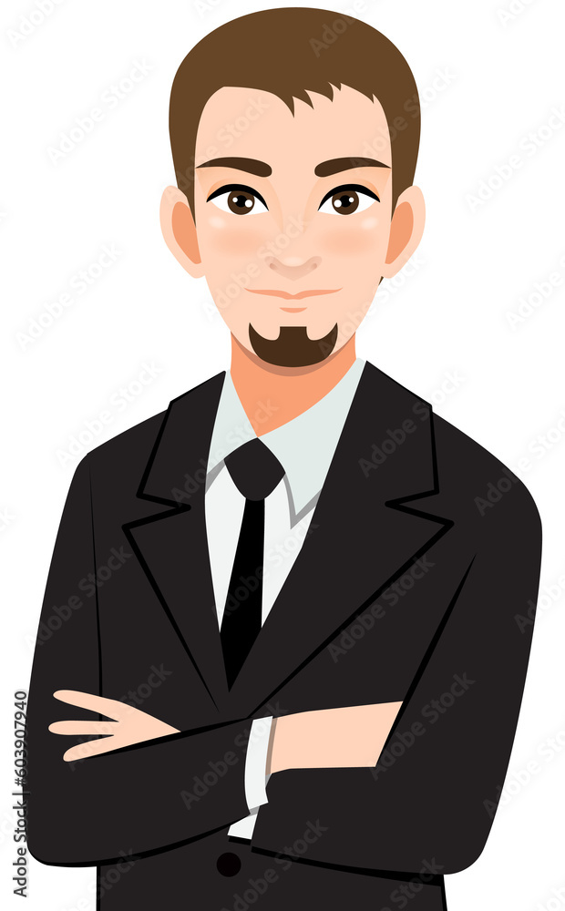 Businessman or male character crossed arms pose in black suit half body cartoon character