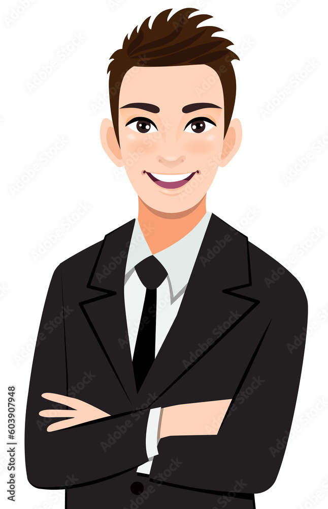 Businessman or male character crossed arms pose in black suit half body cartoon character Businessman or male character crossed arms pose in black suit half body cartoon character