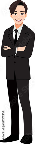 Businessman or male character crossed arms pose in black suit cartoon character