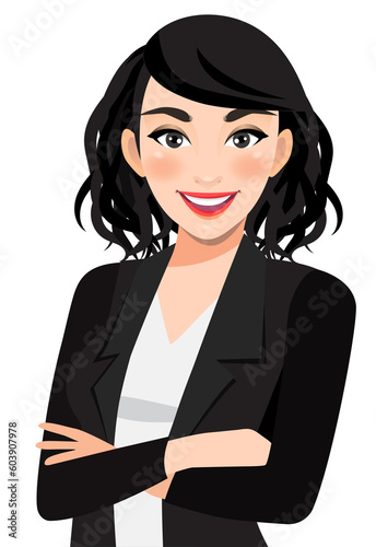 Businesswoman or female character crossed arms pose in black suit half body cartoon character