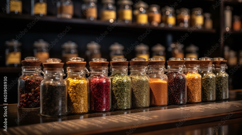All sort on Indian Spices, in a JARS, ready to sale on a Shop, AI Generative.