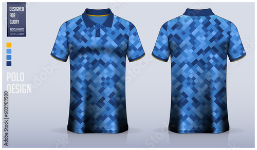 Polo shirt mockup template design for soccer jersey, football kit or sportswear. Sport uniform in front view and back view. T-shirt mockup for sport club. Fabric pattern. 