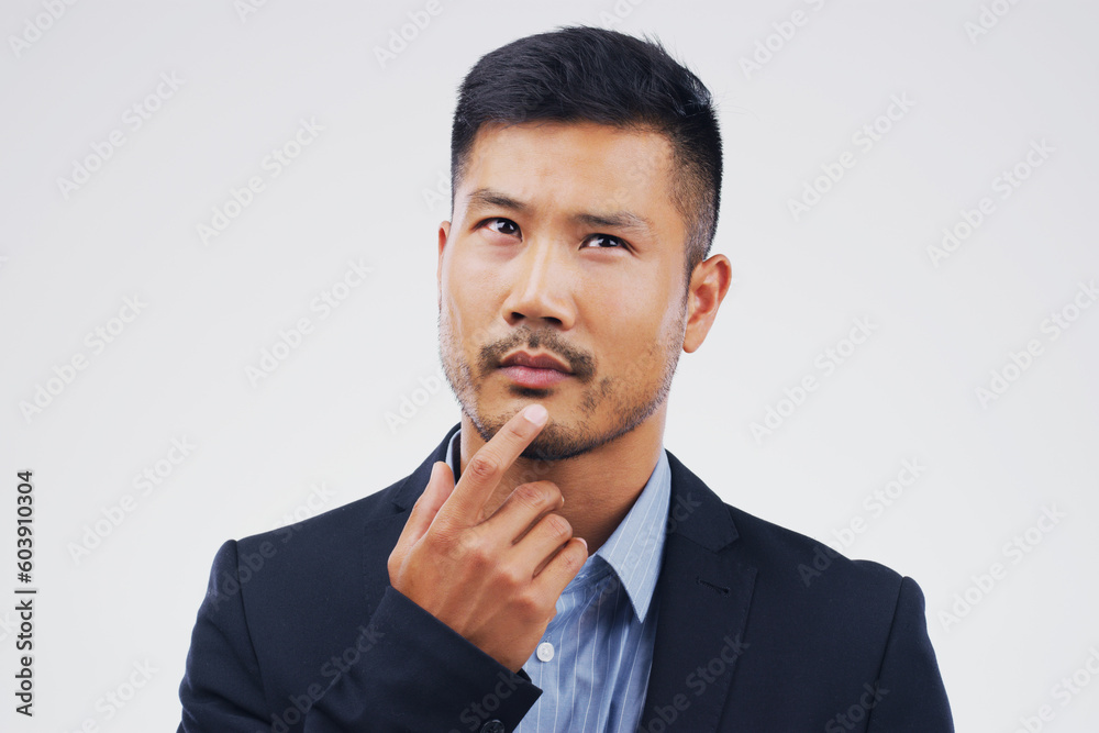 Thinking, planning and an Asian businessman with ideas isolated on a white background in a studio. Idea, business and a corporate employee with a choice, decision or remember question on a backdrop Thinking, planning and an Asian businessman with ideas isolated on a white background in a studio. Idea, business and a corporate employee with a choice, decision or remember question on a backdrop