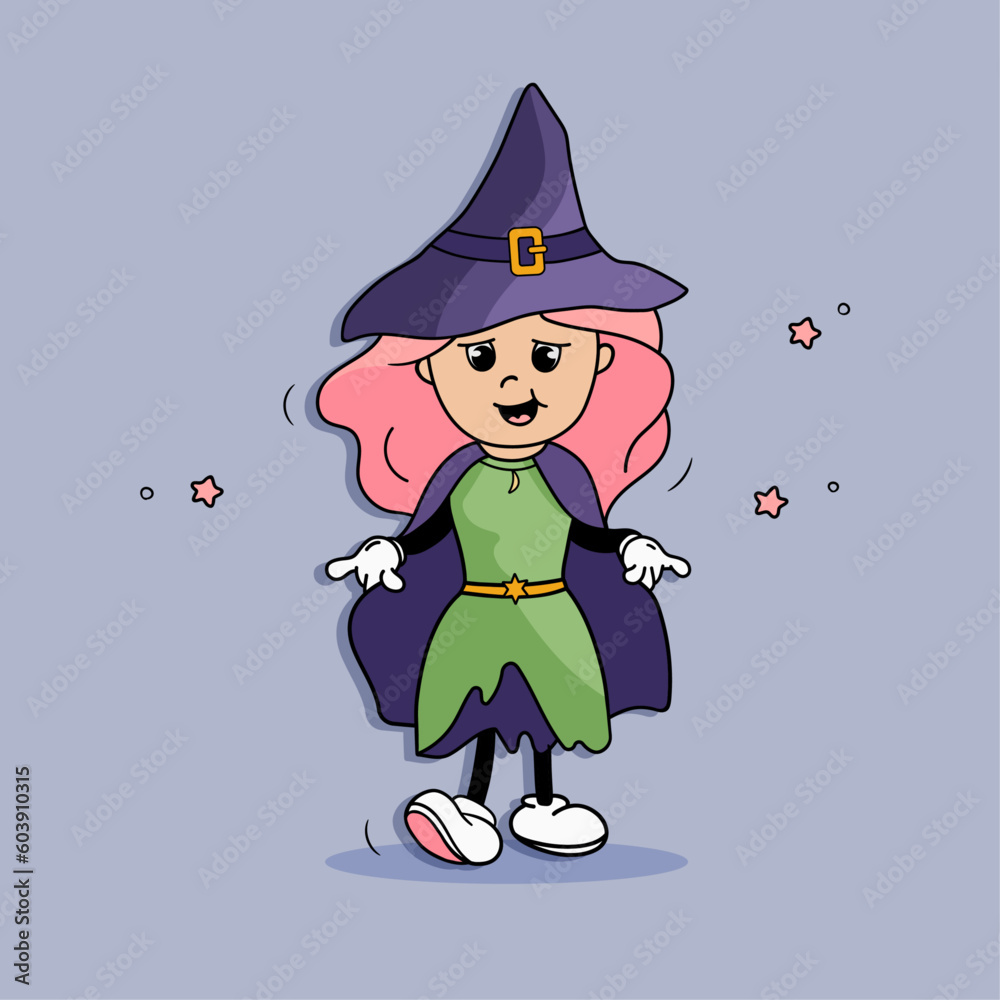 Adorable little witch with pink hair, cute Halloween mascot, groovy girl character