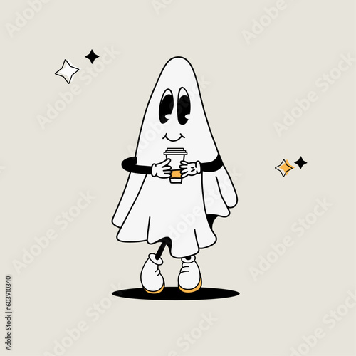 Adorable white sheet ghost character with coffee cup in vintage style, Halloween groovy mascot