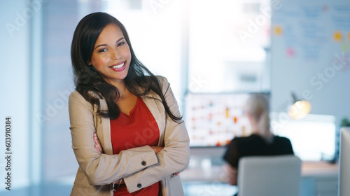 Portrait, business and woman with arms crossed, employee and happiness in a workplace. Face, happy female person and professional with confidence, consultant and startup success with career and smile