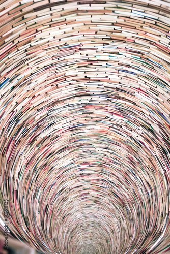 Photography A book tower with many stacked books at the Municipal Library of Prague, Prague