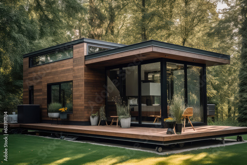 Fotografia, Obraz Modular wooden house on wheels with flat roof and big windows all around