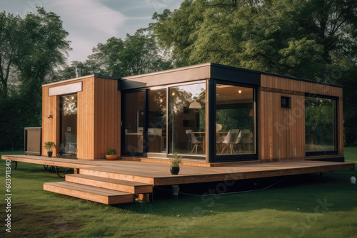 Modular wooden house on wheels with flat roof and big windows all around. Modern and elegant style, with an outdoor living area, generative AI photo
