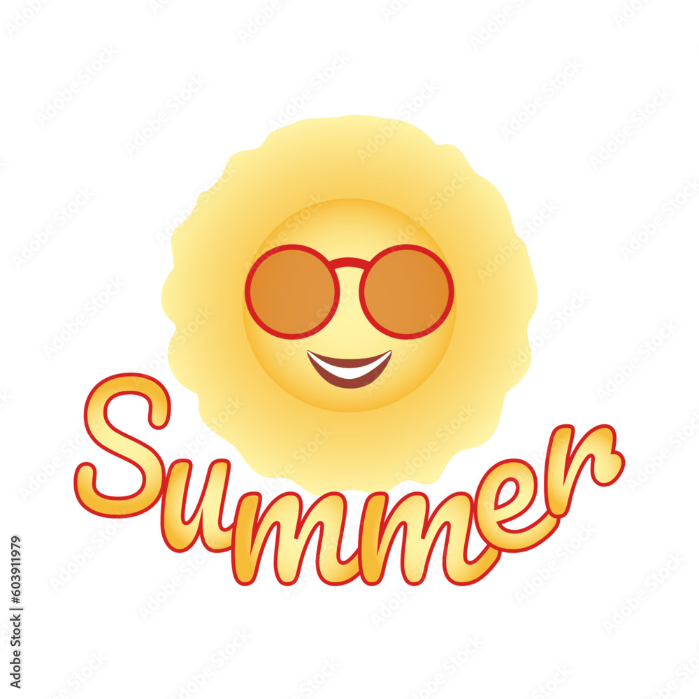 Yellow sun with face, round sunglasses and smile, text below, summer. Close-up, isolated, on a transparent and white background. Icon, element for design decoration. Print for printing on t-shirts. Yellow sun with face, round sunglasses and smile, text below, summer. Close-up, isolated, on a transparent and white background. Icon, element for design decoration. Print for printing on t-shirts.