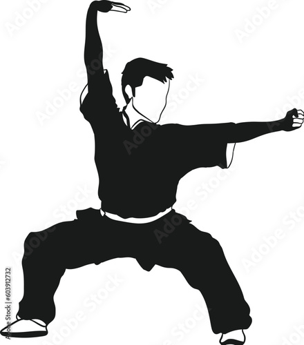 Black silhouette of kung fu man athlete