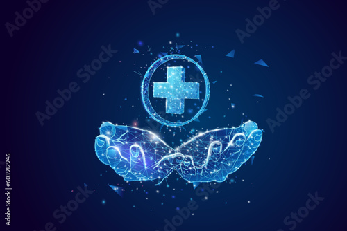Hand holding virtual medical health care icons with medical network connection.