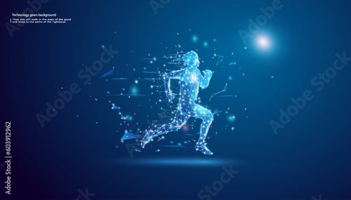 Abstract running man form lines and triangles, point connecting network on blue background.