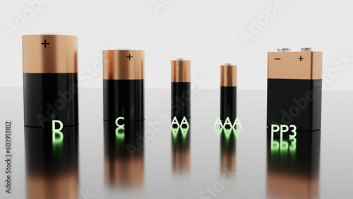 Battery types, AA, AAA, C, D, PP3 on reflection floor, 3d rendering illustration
 photo