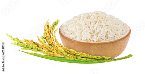White rice in wooden bowl with paddy rice ears and green blades isolated. Png transparency