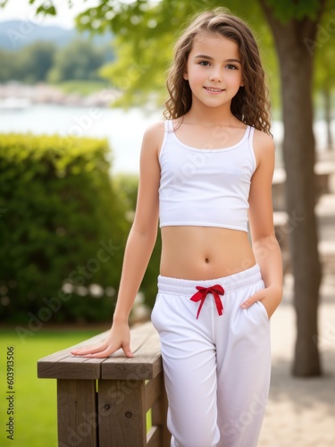 Beautiful little girl model posing on street. Generative AI