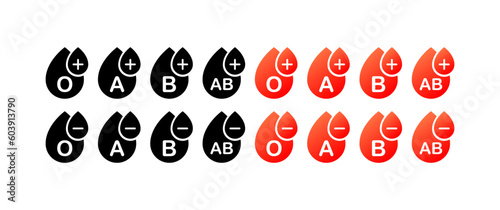 Blood type. Flat, red, different blood types. Vector icons.